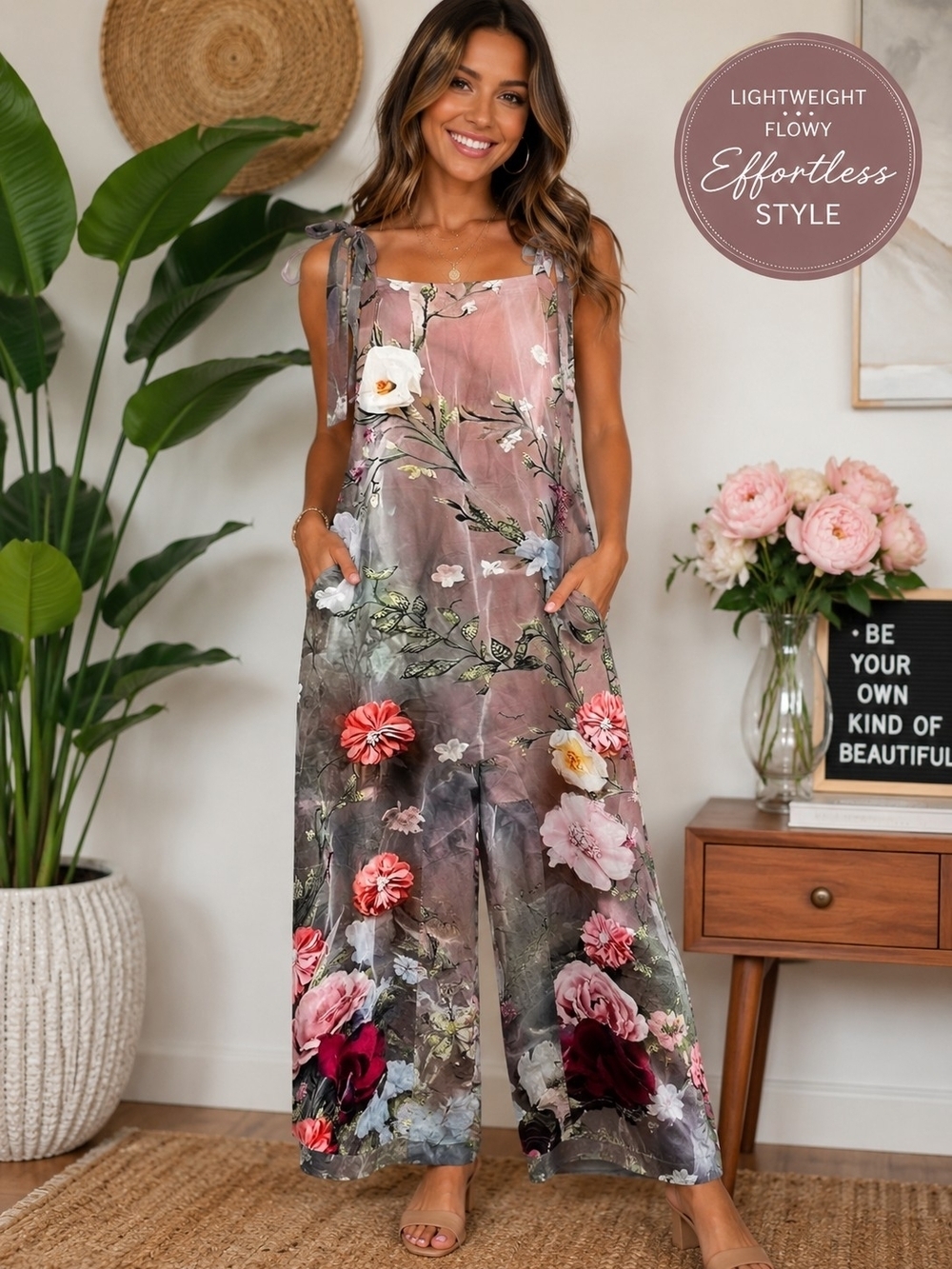 Source Unknown Floral Wide-Leg Jumpsuit in Dusty Rose and Green